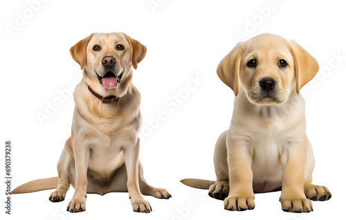 Set of Cute Labrador Retriever Dog: Labrador Retriever Puppy and its Adult Counterpart Sitting, Isolated on Transparent Background, PNG