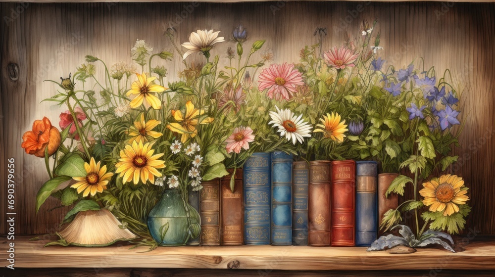 A painting of books and flowers on a shelf