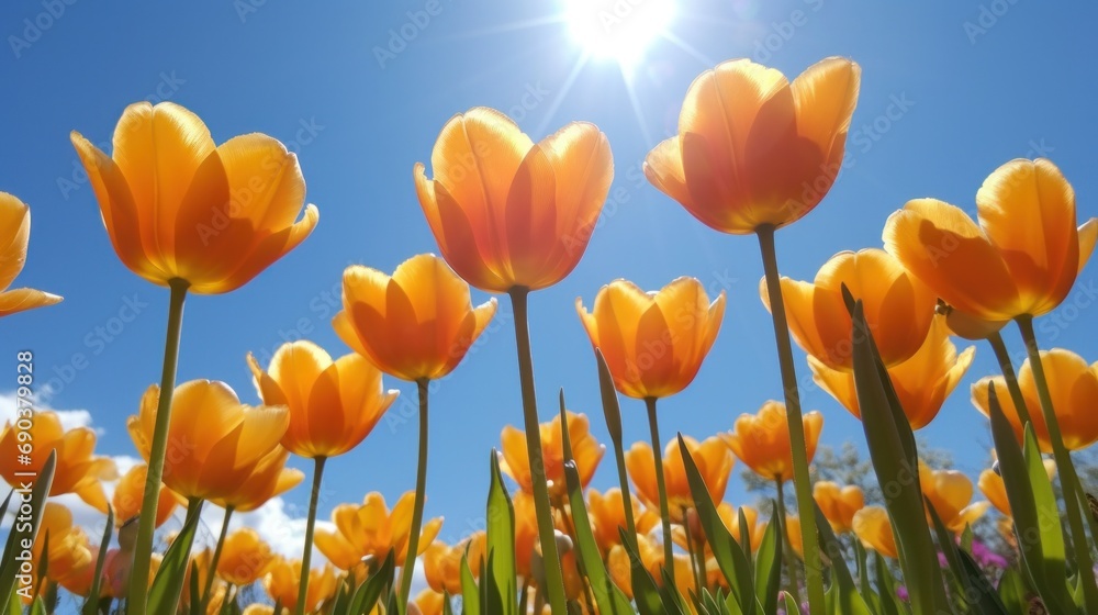 A field of yellow tulips under a blue sky