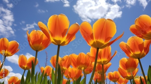 A field of orange tulips with a blue sky in the background
