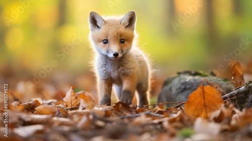 A baby fox standing in the middle of a forest © Maria Starus
