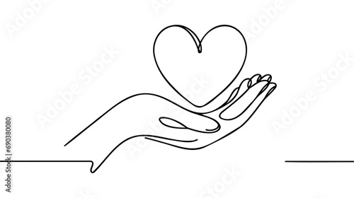 Continuous one line drawing hand holding heart. Charity donation linear concept. Vector isolated on white