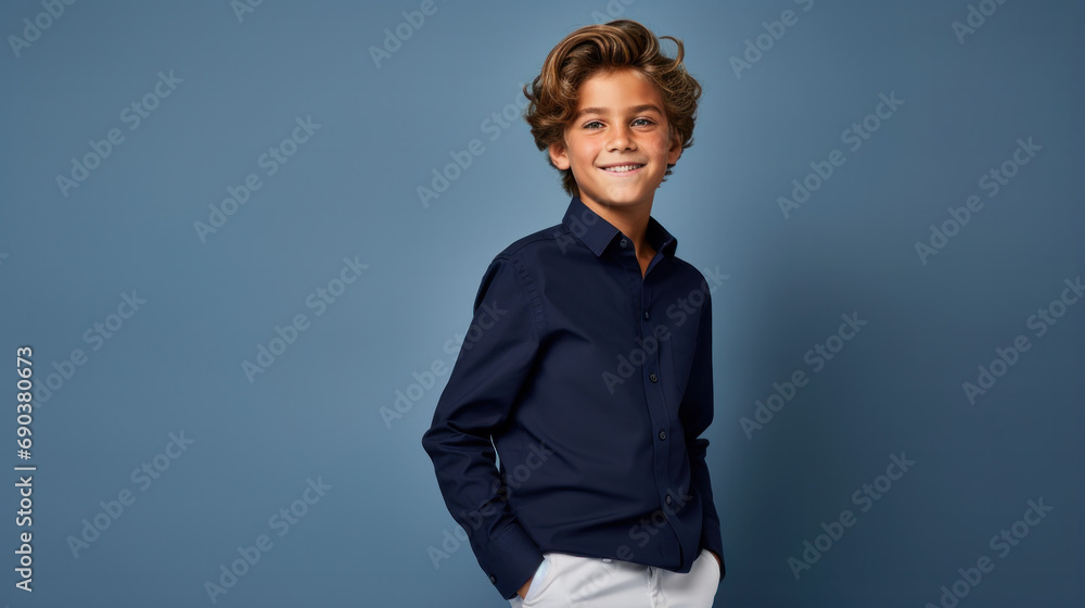 Happy young caucasian boy in casual outfit isolated over blue background Happy young caucasian boy in casual outfit isolated over blue background