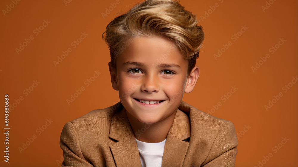 Happy young caucasian boy in casual outfit isolated over beige background Happy young caucasian boy in casual outfit isolated over beige background
