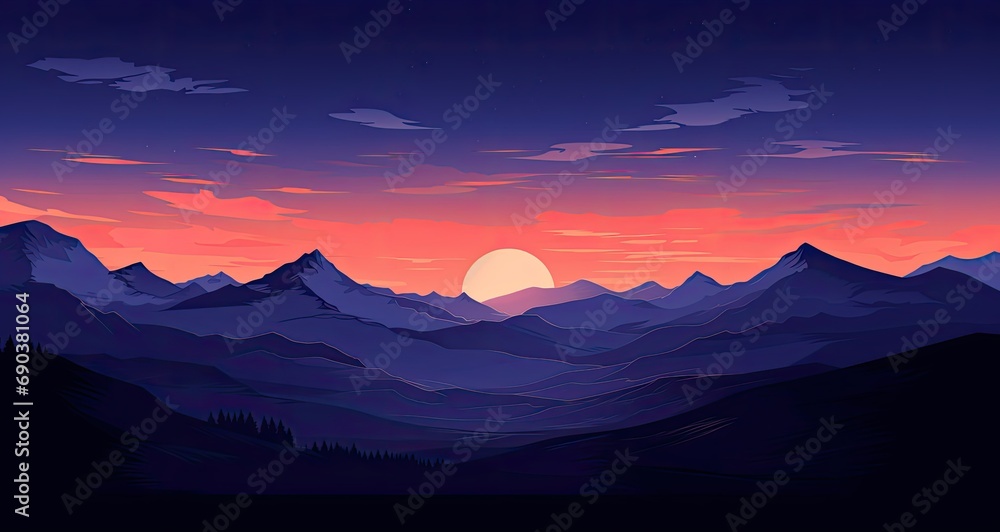 Beautiful Minimal Illustration of Sunset Over Snow Capped Mountains