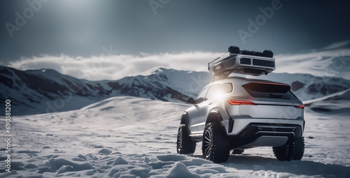 Futuristic SUV with silver light in winter on an icy snowy road on off-road tires. Crossover of the future electric © Hanna