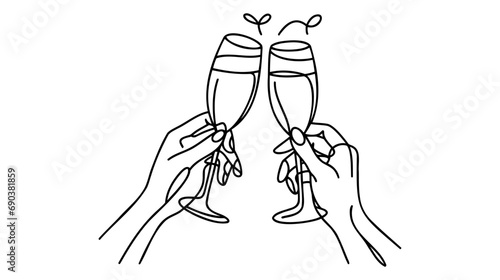Continuous line champagne cheers. Hands toasting with wine glasses with drinks.