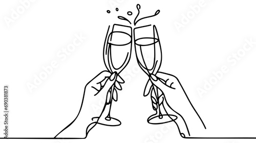 Continuous line champagne cheers. Hands toasting with wine glasses with drinks.