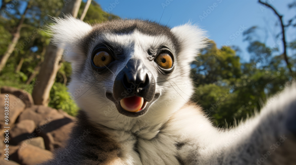 Fototapeta premium Lemur Taking Selfies. Crazy wild Animal Who Took Cute Selfies.