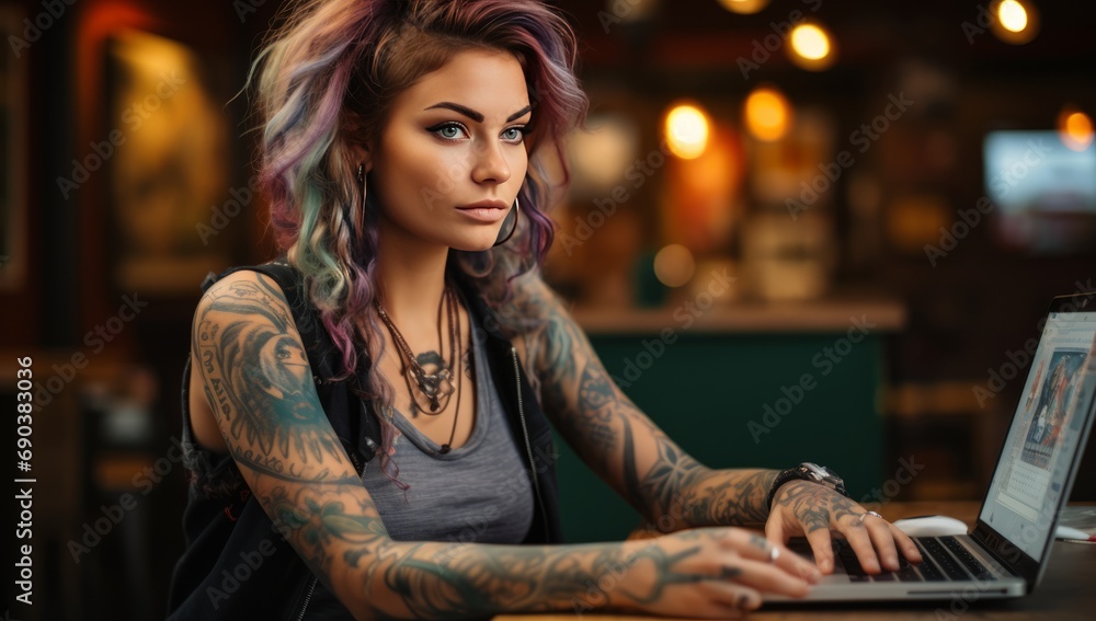 Laptop Lifestyle - Talented Young Woman with Tattoo Working in a Chic Café