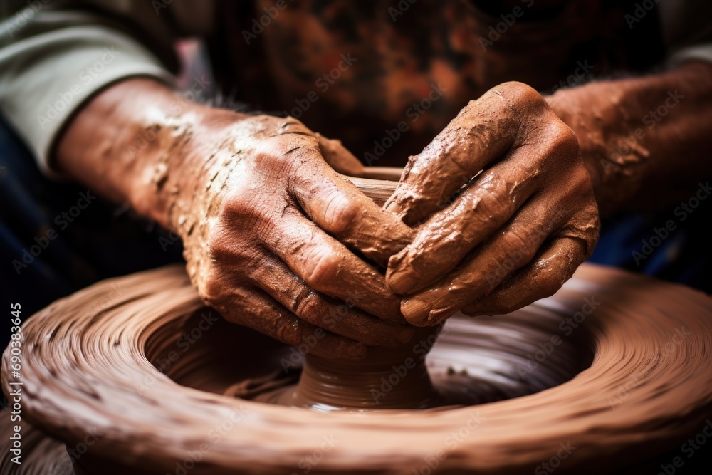Potter's Hands Molding Clay on Wheel. Generative AI