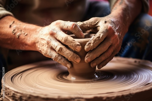 Potter's Hands Molding Clay on Wheel. Generative AI