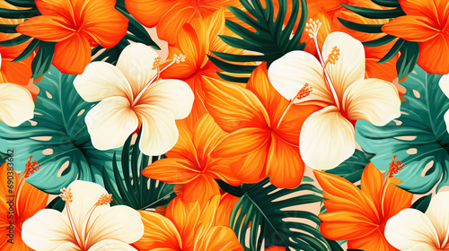 Seamless Tropical Flower Pattern Background  Vibrant Botanical Illustration of Exotic Blooms and Lush Foliage - Perfect for Summer Designs and Artistic Decor.