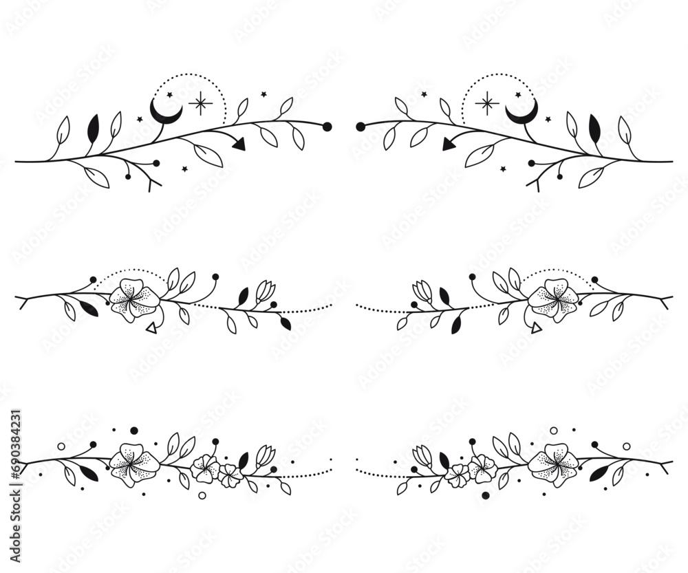 Set of dotwork horizontal floral tattoo with moon, stars and geometry elements in black isolated on white background.
Set of dotwork horizontal floral tattoo with moon, stars and geometry elements in black isolated on white background.