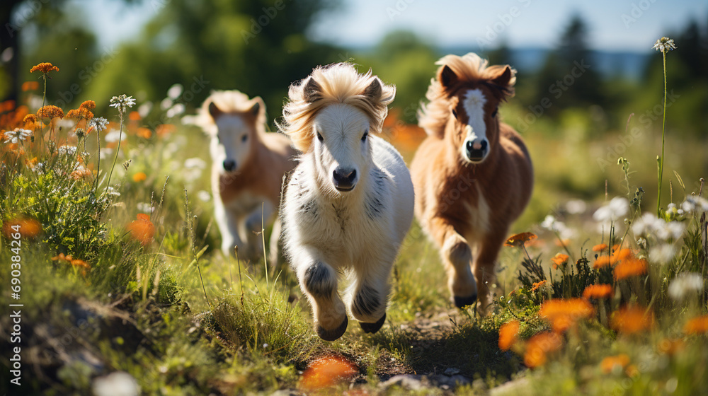 Miniature shetland breed pony horses running in the field in summer. generative ai - obrazy, fototapety, plakaty 