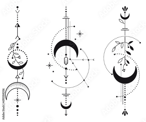 Set of dotwork sacred geometry tattoo with moon, stars and floral elements in black isolated on white background. 
