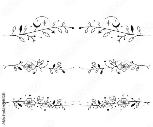 Set of dotwork horizontal floral tattoo with moon, stars and geometry elements in black isolated on white background. 
