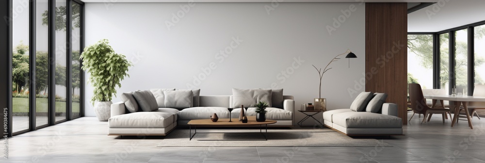 Obraz na płótnie A sleek monochrome lounge with wooden accents complementing the refined grey tiled floor, exuding contemporary charm. w salonie