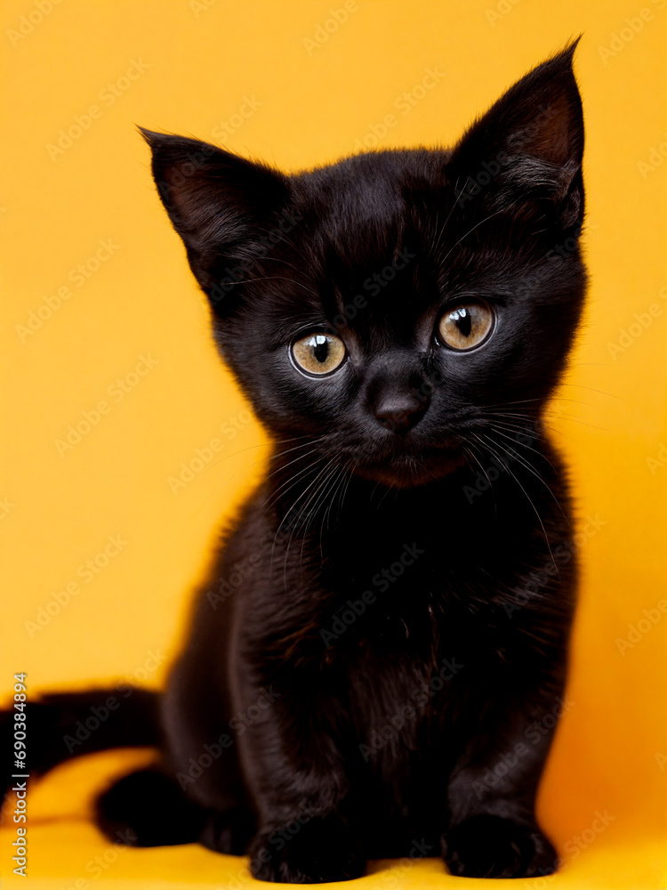 Cute black kitten sitting on a yellow background and looking at the camera
