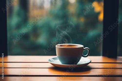 A steaming cup of tea on a saucer, sitting on a wooden table against a soft-focus natural background.