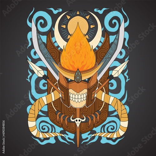 t-shirt artwork illustration.  ancient inland tribal vector design.  skull, spear, shield