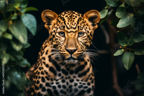 Close-up of a leopard's face, with intense eyes, surrounded by lush green leaves, creating a striking contrast against the dark background.