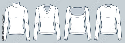 Long Sleeve Shirt technical fashion illustration. Set of Tee Shirts fashion technical drawing template, round neck, roll neck, square neck, v-neck, slim fit, front view, white, women CAD mockup set.