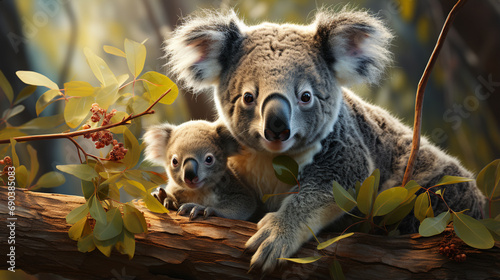 Mother koala with baby on her back, on eucalyptus tree. generative ai
