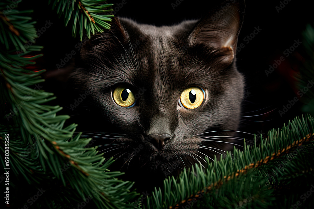 A black cat with big red eyes peeking out from the christmas tree. Generative AI