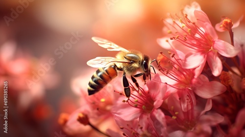 a honeybee stands on a flower that is light gold and pink © IgnacioJulian