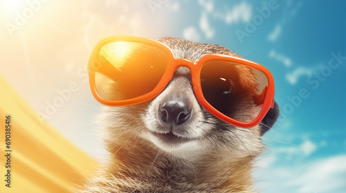 Meerkat in sunglasses shade glasses. Meerkat stares directly into the lens. generative ai