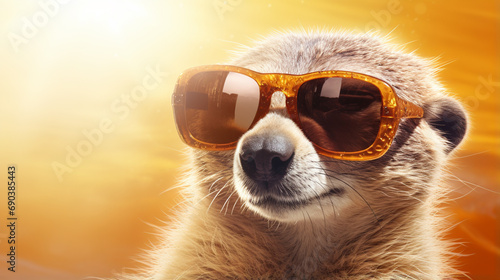 Meerkat in sunglasses shade glasses. Meerkat face close up. generative ai