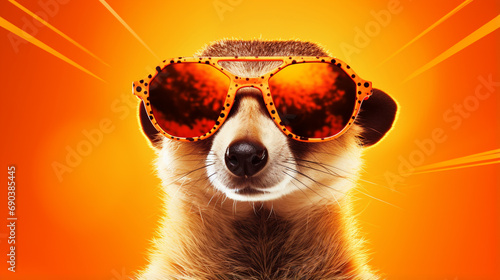 Meerkat in sunglasses shade glasses. Meerkat face close up. generative ai