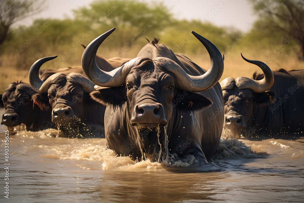 Herd of African buffaloes crossing a river in the wild suitable for wildlife and nature themes