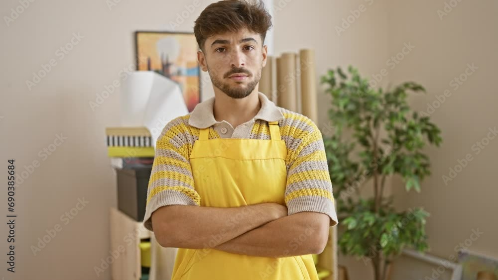 Handsome young arabian artist, in a casual stance with arms crossed and a serious expression, fully immersed in his craft inside a bustling art studio Handsome young arabian artist, in a casual stance with arms crossed and a serious expression, fully immersed in his craft inside a bustling art studio