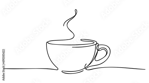 Continuous thin line coffee cup with smoke vector illustration, minimalist sketch doodle for cafe.