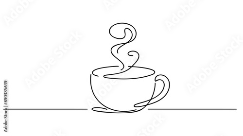 Continuous thin line coffee cup with smoke vector illustration, minimalist sketch doodle for cafe.