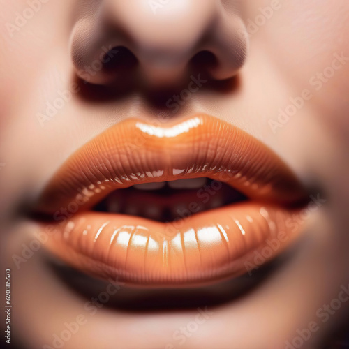 Glossy peach-colored lips. Peach fuzz, the color of the year 2024. 
