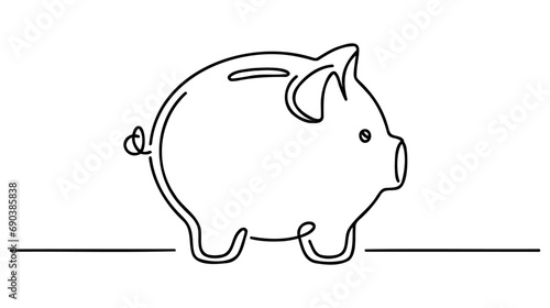 Piggy bank in continuous line art drawing style. Pig moneybox black linear sketch isolated on white background. Vector illustration