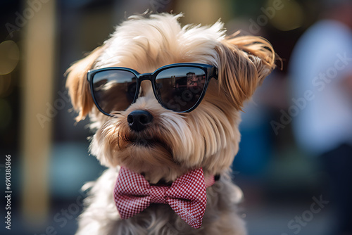 Fashionable dog wearing sunglasses and bow tie exuding charm and humor perfect for pet fashion and lifestyle industries © Made360