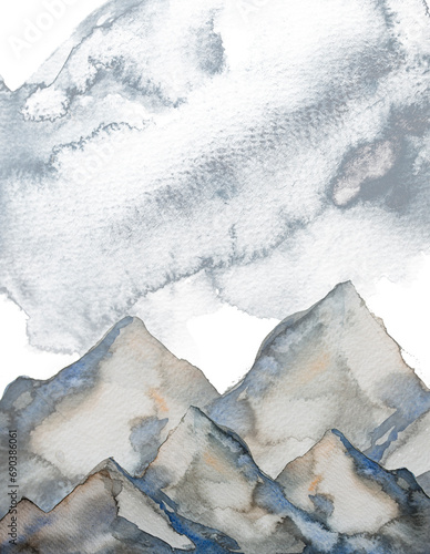 Watercolor hand painted mountains clipart isolated on a white background. Travel concept. Nature portrait. Mountains landscape artwork.