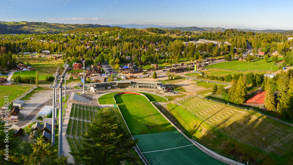Wielka Krokiew, view from the stands for fans of the ski jump, stands and part of the city of Zakopane.