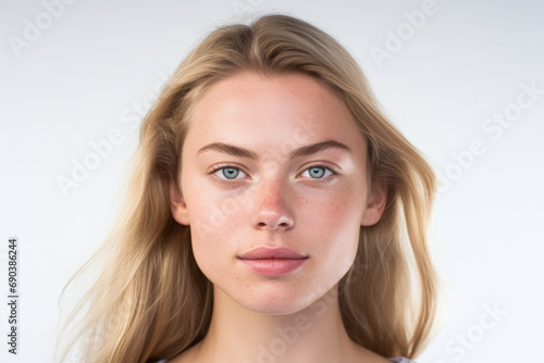 A headshot of a young woman with freckles, blonde hair, and clear blue eyes, presenting a natural and fresh look.