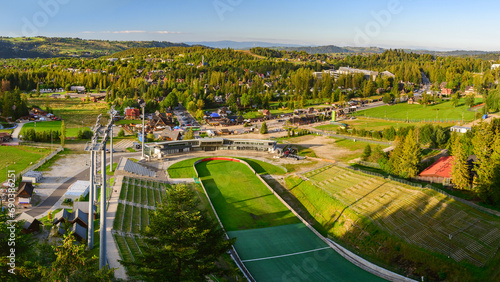 Wielka Krokiew, view from the stands for fans of the ski jump, stands and part of the city of Zakopane.