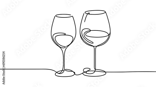 Continuous one line drawing of two glasses of red wine. Minimalist linear concept of celebrate and cheering.