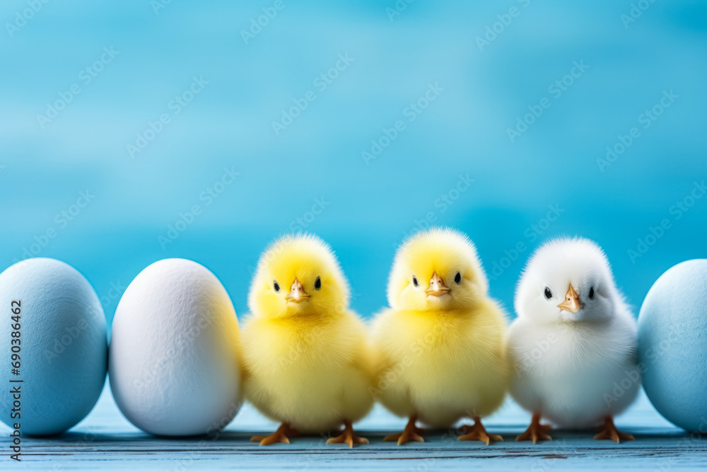 Three adorable chicks flanked by eggs against a clear blue background, a charming scene evoking Easter and the freshness of spring.