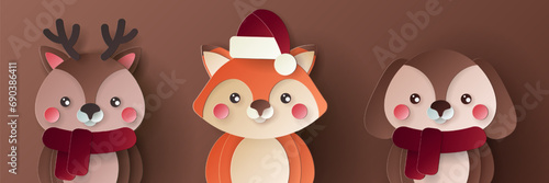 Vector cute christmas paper cut 3d animals with shadow on colored background. Winter cartoon animal design for presentation, banner, cover, web, flyer, card, sale, poster, slide and social media	