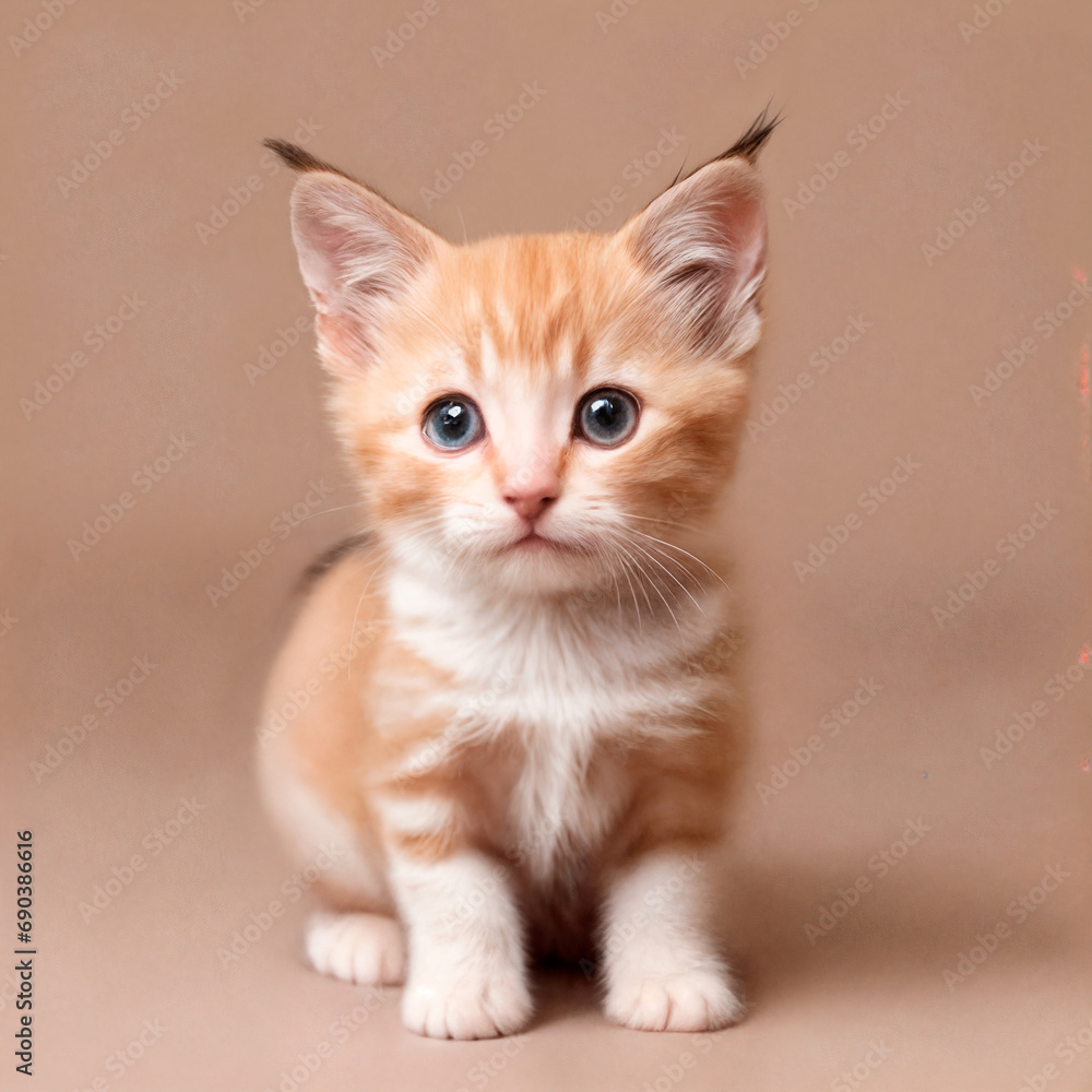 Obraz premium Cute peach kitten sits on a gentle light background and looks at the camera