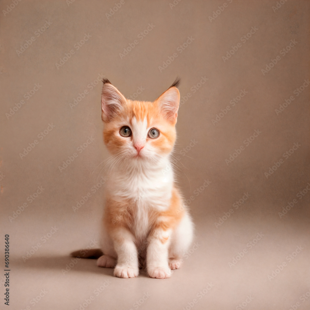 Obraz premium Cute peach kitten sits on a gentle light background and looks at the camera