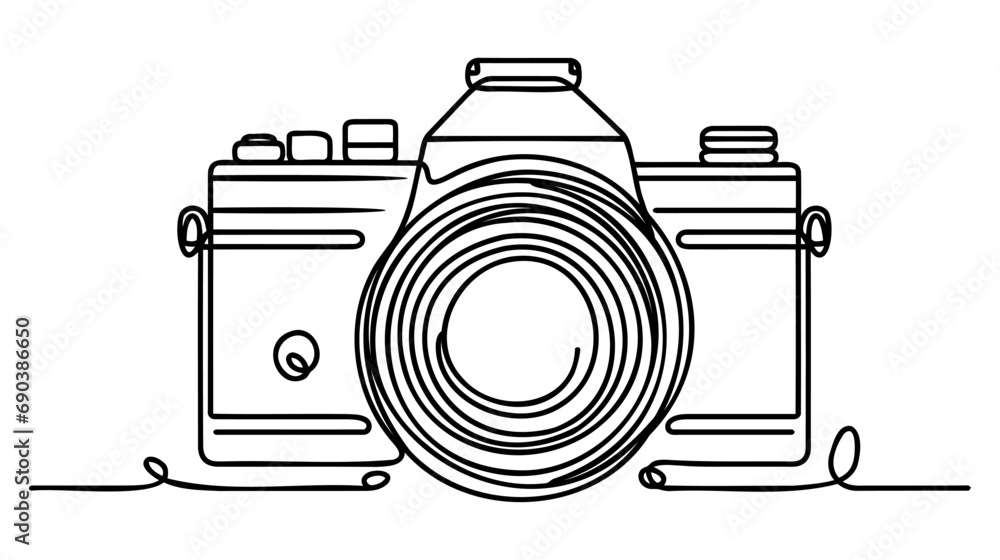 One single line drawing of old retro analog slr camera with telephoto lens. - obrazy, fototapety, plakaty 
